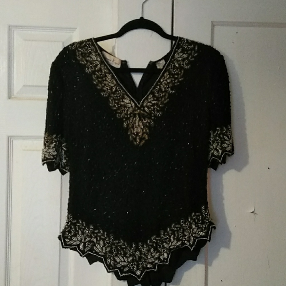 Y2k Laurence Kazar womens black beaded top size M - Picture 4 of 5